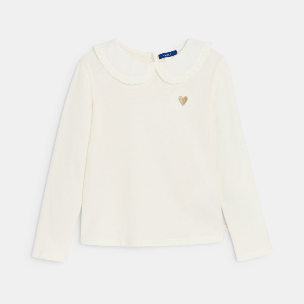 تيشيرت بأكمام طويلة وياقة كلودين، باللون الأبيض، للفتيات